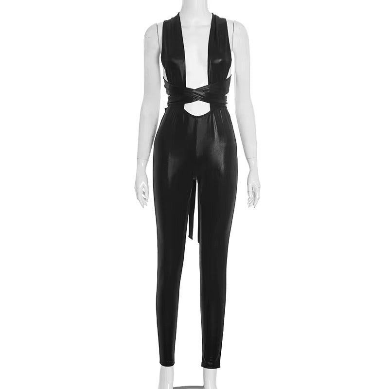 Shiny Cross Bandage Jumpsuit
