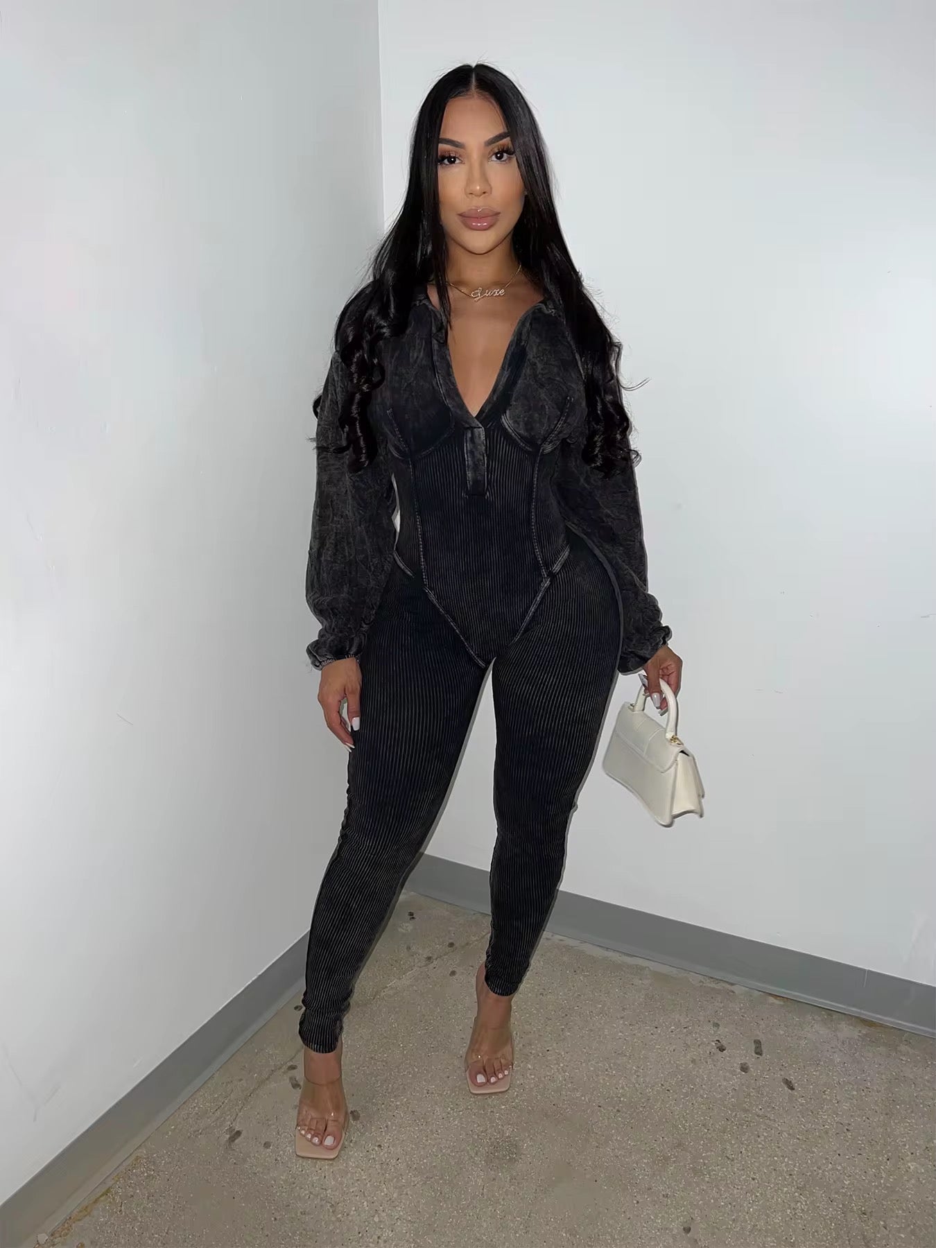 Acid Wash Deep-V Zipper Jumpsuit